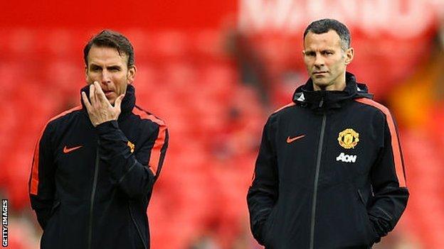 Albert Stuivenberg and Ryan Giggs during a Manchester United training session