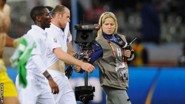 Wayne Rooney speaks into camera after match in 2010 World Cup