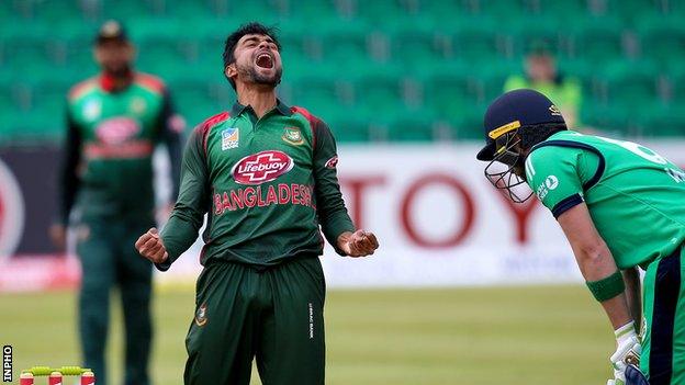 Bangladesh bowler Abu Jayed celebrates taking the wicket of Andrew Balbirnie