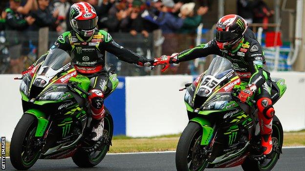 Jonathan Rea (left) and team-mate Tom Sykes (right) clinched Kawasaki's first one-two of the season