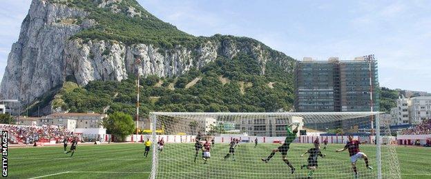 Lincoln Red Imps FC and College Europa FC's players take part in the Gibraltar Cup final in 2014