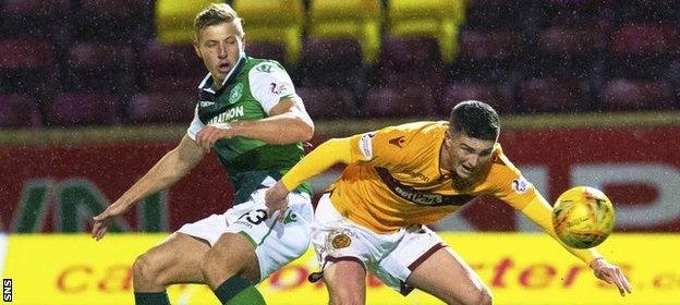 Jake Hastie of Motherwell holds off Hibernian's Sean Mackie