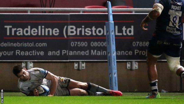 Luke James scores the match-winning try for Sale at Bristol