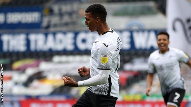Morgan Whittaker celebrates scoring a first league goal since joining Swansea from Derby for around £700,000 in February