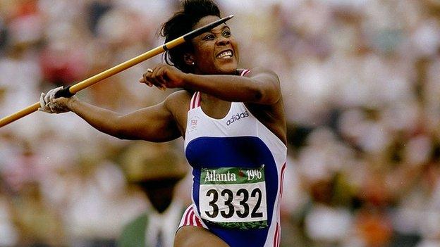 Tessa Sanderson throwing a javelin in Atlanta, Georgia, 1996