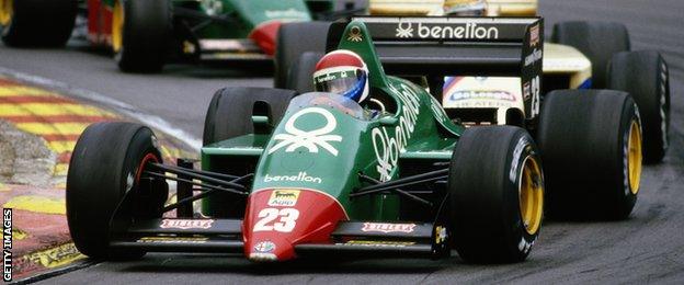 Eddie Cheever drives the #23 Benetton Team Alfa Romeo 184TB Turbo followed by Thierry Boutsen and Alfa Romeo team mate Riccardo Patrese during the Shell Oils Grand Prix of Europe on 6 October 1985