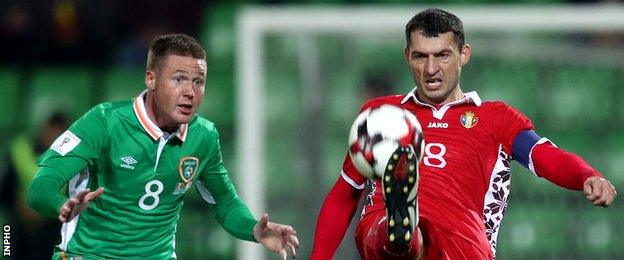 James McCarthy (left) battles with Moldova's Alexandru Gatcan last month