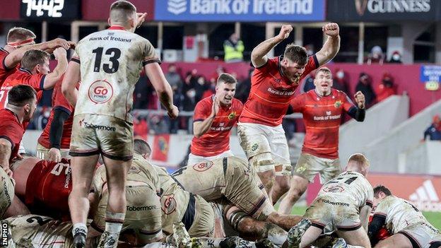 Munster's Jack O'Donoghue celebrates Alex Kendellen's late match-winning try in last weekend's game against Ulster