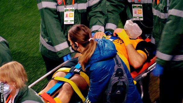 Raul Jimenez stretchered off the pitch.