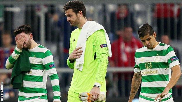 Celtic's Patrick Roberts, Craig Gordon and Cristian Gamboa are left disappointed in Munich