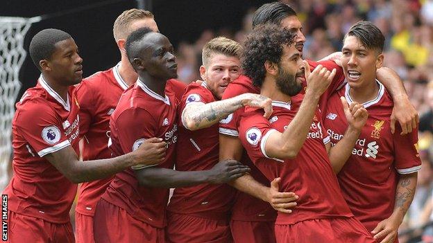 Liverpool's Mohamed Salah (second right) is mobbed after scoring against Watford in August