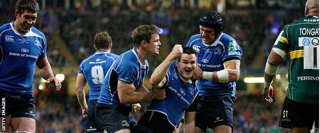 Johnny Sexton celebrates his try against Northampton