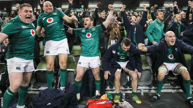 Tadhg Furlong, Rory Best, Cian Healy, Peter O'Mahony and Devin Toner show their delight after the final whistle in Dublin