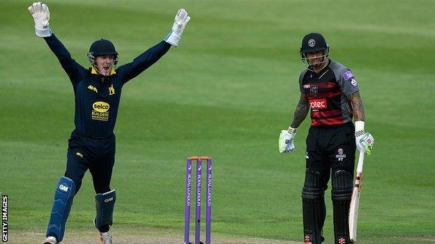 Warwickshire wicket-keeper Alex Mellor celebrates the wicket of Somerset's Peter Trego in the One-Day Cup semi-final win at Edgbaston, August 2016