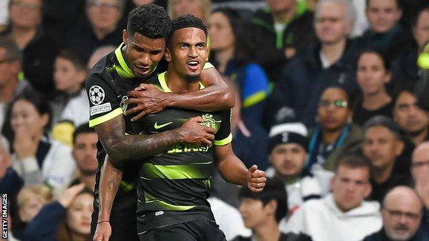 Marcus Edwards celebrates scoring for Sporting against Tottenham