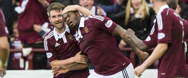 James Keatings (left) celebrates with Hearts