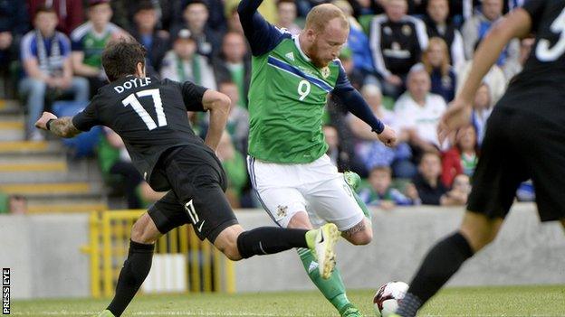 Liam Boyce fires home his first international goal in the Belfast game against New Zealand