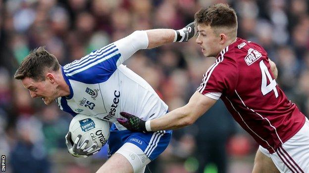 Conor McManus attempts to burst away from Galway's Eoghan Kerin at Salthill