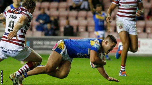 James Bentley scores his second try against Wigan for Leeds