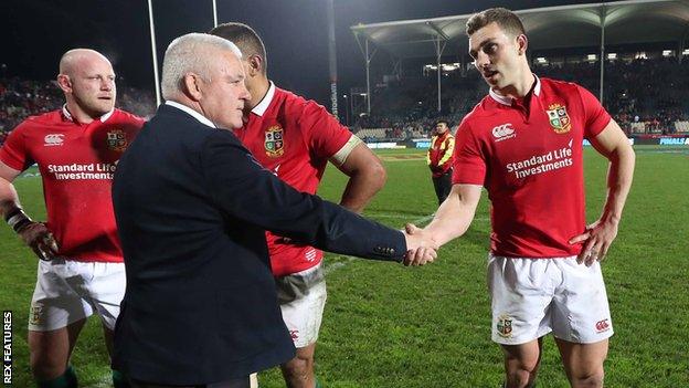 Lions coach Warren Gatland congratulates wing George North after the win over Crusaders