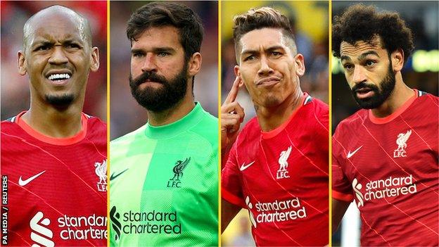 Fabinho (left), Alisson (centre-left), Roberto Firmino (centre-right) and Mohamed Salah (right)