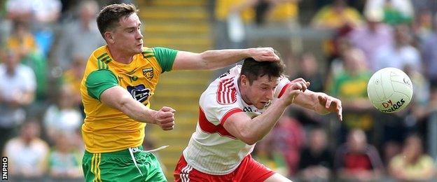 Derry's Emmet Bradley battles with Donegal's Ciaran Thompson two weeks ago at Celtic Park