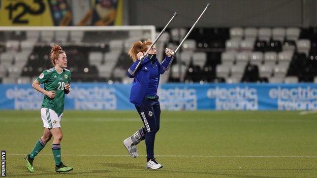 Rebecca McKenna celebrates with Rachel Furness at full-time