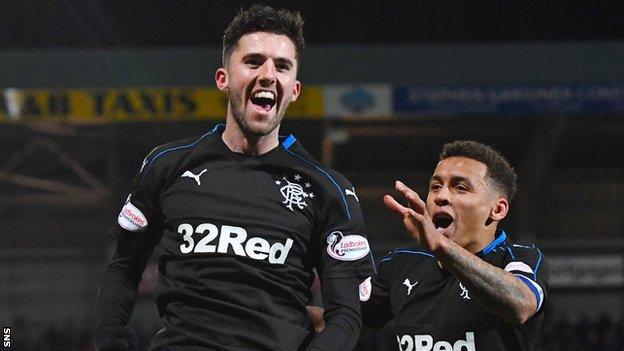 Sean Goss celebrates scoring for Rangers