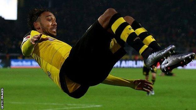 Pierre-Emerick Aubameyang celebrates scoring for Borussia Dortmund against Ingolstadt