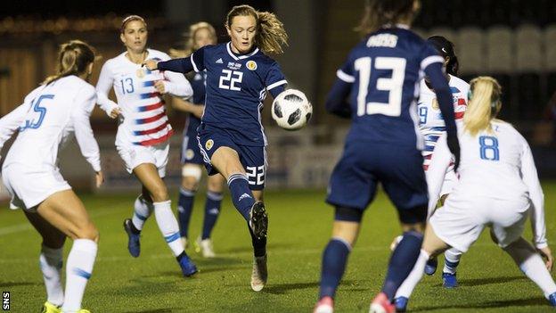 Erin Cuthbert playing for Scotland against United States