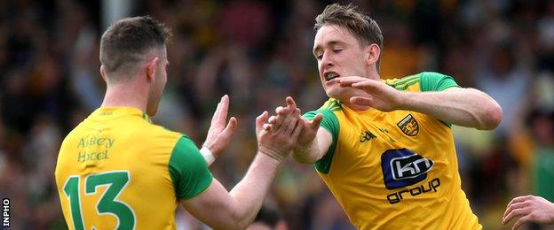 Hugh McFadden celebrates with Patrick McBrearty after scoring Donegal's first goal at Celtic Park