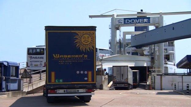 Cross-Channel trucks driving on to a ferry