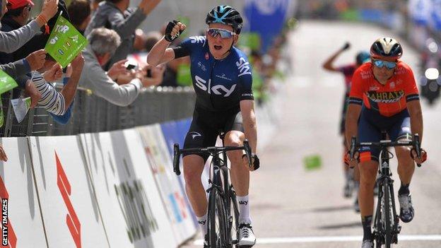 Team Sky's Tao Geoghegan Hart celebrates winning stage four of the Tour of the Alps