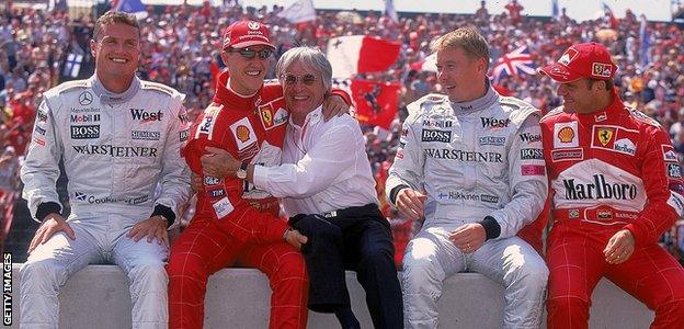 David Coulthard, Michael Schumacher, Bernie Ecclestone, Mika Hakkinen and Rubens Barrichello