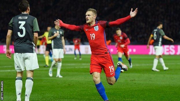 Jamie Vardy celebrates scoring for England against Germany in Berlin