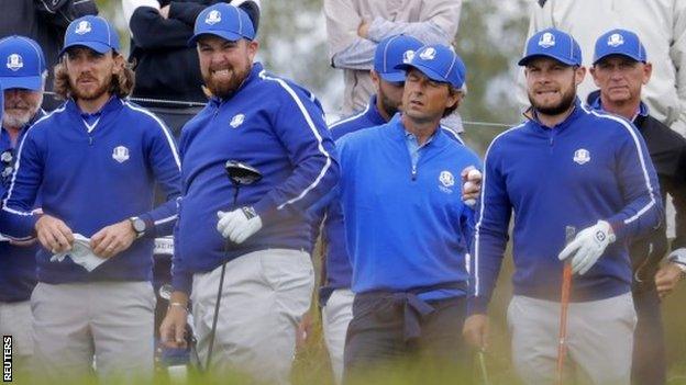 (l-r) Tommy Fleetwood, Shane Lowry and Tyrrell Hatton playing at the Ryder Cup