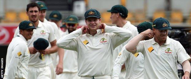 Australia's Steve Smith and David Warner walk off