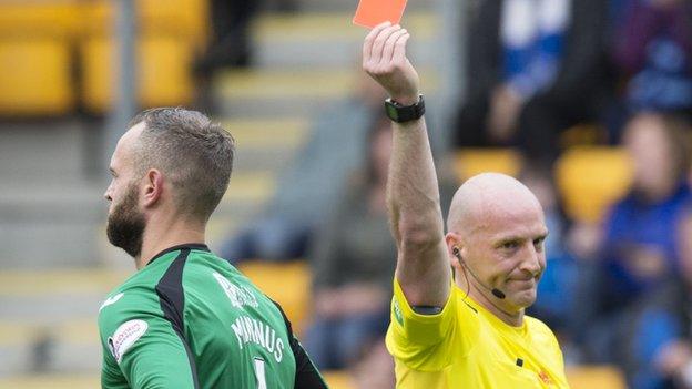 St Johnstone goalkeeper Alan Mannus is red carded