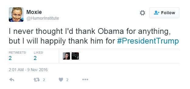 Tweet reads: "I never thought I'd thank Obama for anything, but I will happily thank him for #PresidentTrump"