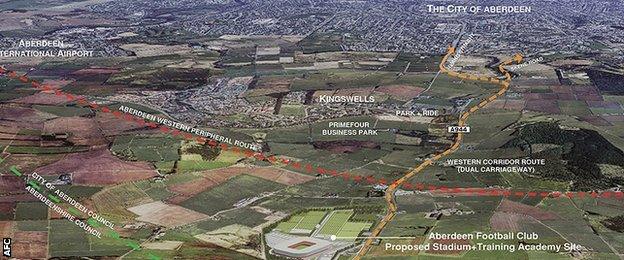 A map showing the location of Aberdeen's planned new stadium