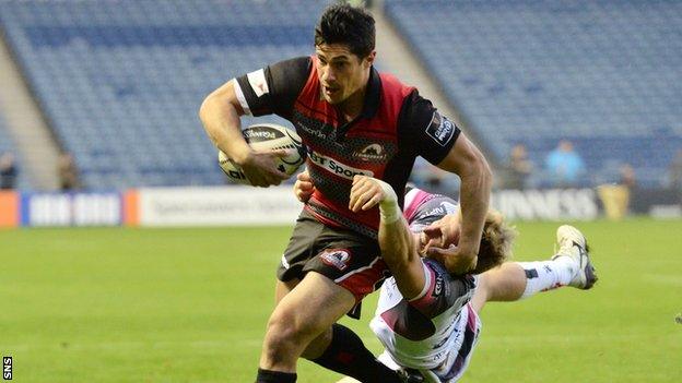 Phil Burleigh scores a try for Edinburgh against Ospreys