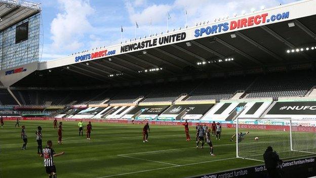 A general view of St. James' Park stadium as Newcastle play a Premier League match against Liverpool behind closed doors