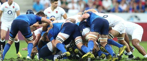 England's pack are put under pressure by France in Paris