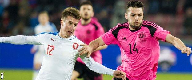 Scotland's Tony Watt battles for the ball against Czech Republic's Martin Frydek