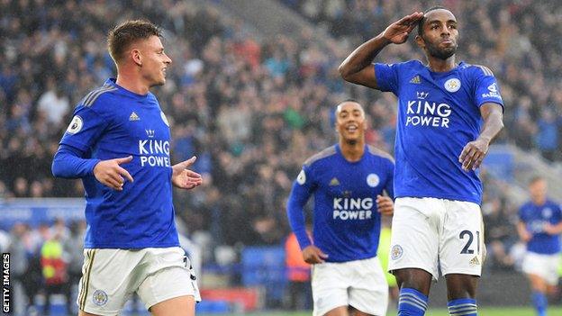 Harvey Barnes and Ricardo Pereira celebrate a Leicester goal