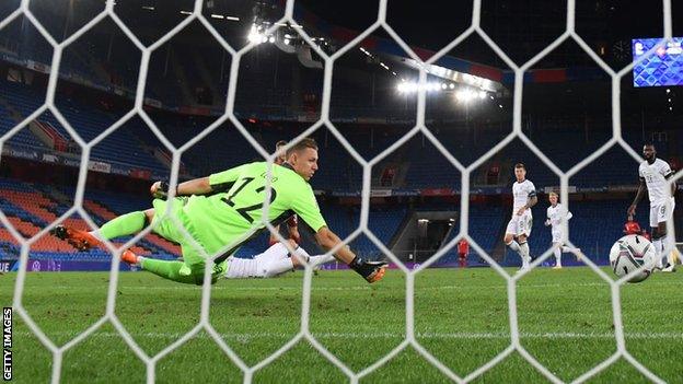 Germany keeper Bernd Leno watches Silvan Widmer's goal for Switzerland