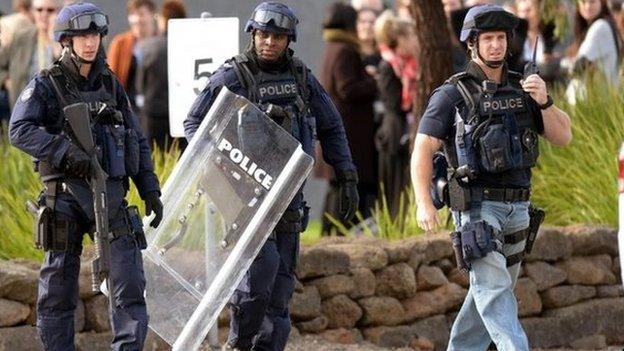 Police workers from the Critical Incident Response Team are seen outside Ravenhall Prison in Melbourne, Australia, 30 June 2015.