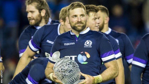 Scotland captain John Barclay with the Hopetoun Cup at Murrayfield