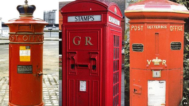 Composite pictures of post boxes, from l-r, an 1860s special pillar box in Liverpool, a 1930s K4 telephone-post box in Whitley Bay and an 1850s octagonal pillar box in Sherborne