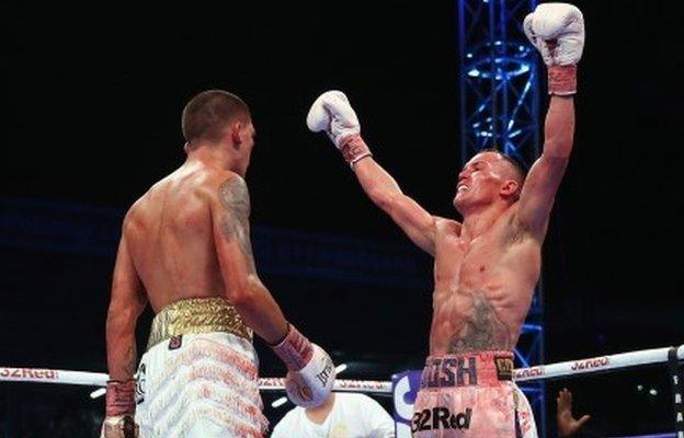 Josh Warrington celebrates victory over Lee Selby